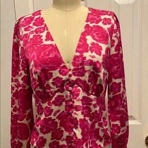 J CREW BLOUSE .Floral Pink and Cream Silky Button-Up Blouse